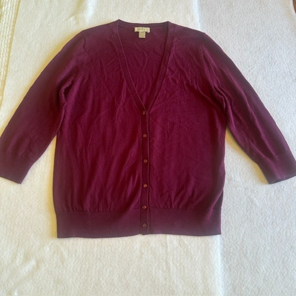 LOFT Cardigan Womens Size L Burgundy Maroon V Neck Button Front Knit 3 4 Sleeve